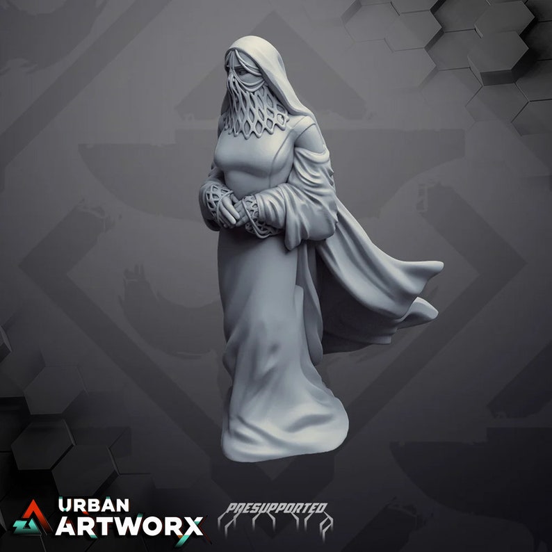 May include: A gray 3D printed miniature of a female figure wearing a long robe and a hooded veil with a chainmail face mask. The figure is standing with her hands clasped in front of her.