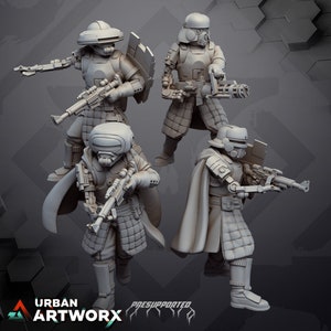 May include: Four gray, detailed, plastic miniatures of Star Wars characters. The characters are wearing futuristic armor and helmets. They are holding weapons, including a blaster rifle, a machine gun, and a sniper rifle. The miniatures are pre-supported and ready to be painted.