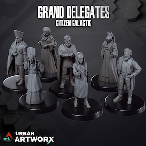 Pode incluir: Um conjunto de sete figuras em miniatura, pintadas em cinza, representando personagens do universo Citizen Galactic. As figuras estão em várias poses e estão em pé sobre bases circulares pretas. O texto "GRAND DELEGATES" e "CITIZEN GALACTIC" é exibido na parte superior da imagem.