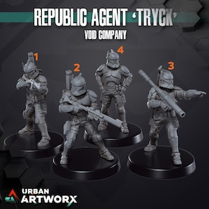 Puede incluir: Cuatro figuras en miniatura grises de Agentes de la República, numeradas del 1 al 4, se muestran sobre bases circulares negras. Las figuras están en poses de acción, sosteniendo armas. El texto "REPUBLIC AGENT 'TRYCK'" y "VOID COMPANY" están en la parte superior. El logotipo de Urban Artworx está en la parte inferior.