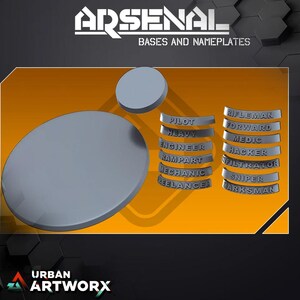 May include: Gray bases and nameplates with the text "ARSENAL BASES AND NAMEPLATES". The nameplates include the following text: PILOT, HEAVY, ENGINEER, RAMPART, MECHANIC, FREELANCER, RIFLEMAN, FORWARD, MEDIC, HACKER, INFILTRATOR, SNIPER, MARKSMAN.