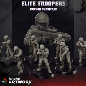 Könnte beinhalten: Graue Miniaturfiguren von futuristischen Soldaten, jede mit einer Waffe. Die Figuren stehen auf schwarzen, kreisförmigen Sockeln. Der Text "ELITE TROOPERS" und "PYTHON SYNDICATE" steht oben. Das Urban Artworx-Logo befindet sich unten.