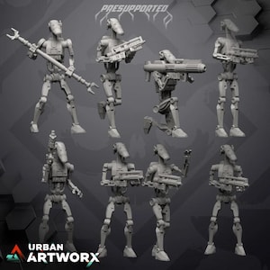 May include: A set of eight grey plastic action figures of a droid from the Star Wars universe. The figures are in various poses, some holding weapons. The figures are pre-supported and ready to be printed.