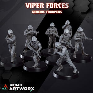 Könnte beinhalten: Eine Sammlung grauer Miniaturfiguren von Soldaten in Kampfausrüstung, jede auf einem schwarzen kreisförmigen Sockel. Der Text "VIPER FORCES GENERIC TROOPERS" ist oben zu sehen. Das Urban Artworx-Logo befindet sich unten.