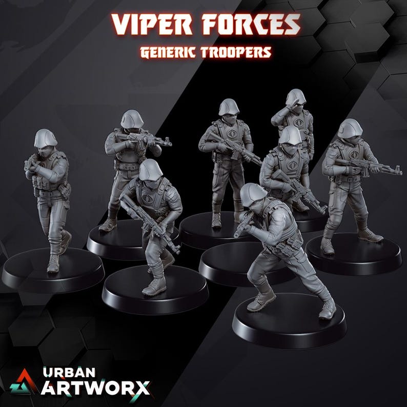 May include: A collection of gray miniature figurines of soldiers in combat gear, each posed on a black circular base. The text "VIPER FORCES GENERIC TROOPERS" is displayed at the top. The Urban Artworx logo is at the bottom.
