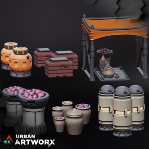 Könnte beinhalten: Eine Sammlung von 3D-Rendermodellen verschiedener Objekte, darunter ein Marktstand mit einem Baldachin, Lagerbehälter und zylindrische Strukturen mit leuchtenden Lichtern. Die Objekte sind in einem realistischen Stil gerendert, wobei der Fokus auf Details liegt.