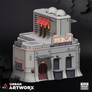 Könnte beinhalten: Ein weißes, futuristisches Gebäude mit einer roten Markise und einem Schild mit der Aufschrift "REJA". Das Gebäude hat eine abgerundete, organische Form und verfügt über eine Vielzahl von Details, darunter Fenster, Türen und Lüftungsschlitze. Das Gebäude steht vor einem dunkelgrauen Hintergrund.