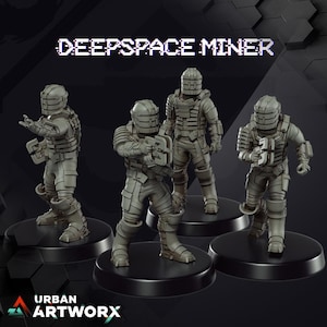 May include: Four grey Deepspace Miner figurines on black circular bases. Each figure is in a different pose, wearing a detailed spacesuit with a helmet and holding a weapon. The text "DEEPSPACE MINER" is above the figures.