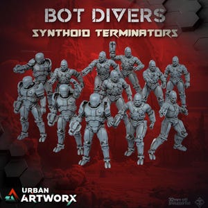 Könnte beinhalten: Eine Sammlung von elf grauen Miniaturfiguren mit dem Titel BOT DIVERS SYNTHOID TERMINATORS. Jede Figur verfügt über eine detaillierte Roboterpanzerung, integrierte Waffen und verschiedene Posen. Der Text 32mm stl presupported ist sichtbar.