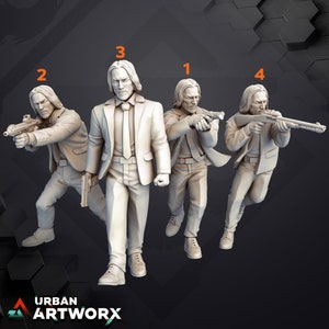 May include: Four white plastic figurines of a man in a suit, each holding a different weapon. The figures are numbered 1 through 4.