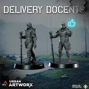 May include: Two grey miniature figures of futuristic characters, one with a thumbs-up gesture. They are holding staffs and standing on black bases. The text "DELIVERY DOCENTS" is at the top, with "URBAN ARTWORX" at the bottom.