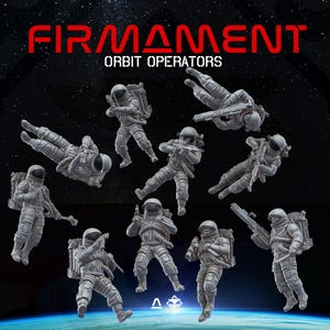 Könnte beinhalten: Eine Sammlung grauer Astronautenfiguren in verschiedenen Posen, einige halten Waffen. Das Wort "FIRMANENT" ist rot oben dargestellt, darunter "ORBIT OPERATORS". Der Hintergrund zeigt eine sternenübersäte Weltraumszene.