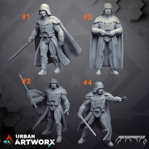 May include: Four 3D printed models of Darth Vader from Star Wars. Each model is posed differently, with one holding a lightsaber. The models are grey and have a detailed, textured surface.