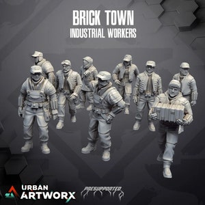 May include: A set of eight grey plastic miniature figures of industrial workers wearing hats and jackets. The figures are posed in various stances and are holding tools and equipment. The figures are part of a Brick Town collection.