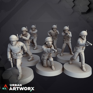 Può includere: Sette miniature di soldati in plastica grigia, con elmetti e armi. Le miniature sono in piedi su basi rotonde.