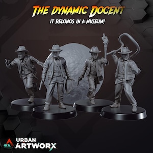 Könnte beinhalten: Vier graue Figuren einer Figur mit Fedora und Jacke, jede in einer anderen Pose. Eine hält eine Peitsche, eine andere eine Fackel und eine dritte eine Pistole. Der Text "THE DYNAMIC DOCENT" und "IT BELONGS IN A MUSEUM!" stehen oben.
