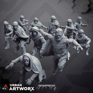 May include: A set of ten grey 3D printed miniature figures of people wearing hooded cloaks and holding weapons. The figures are posed in a variety of action poses. The figures are pre-supported and ready to be printed.