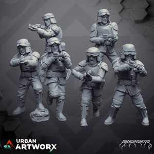 May include: Six gray plastic miniature figures of soldiers wearing helmets and holding guns. The figures are posed in various action stances. The figures are pre-supported and ready to be painted.