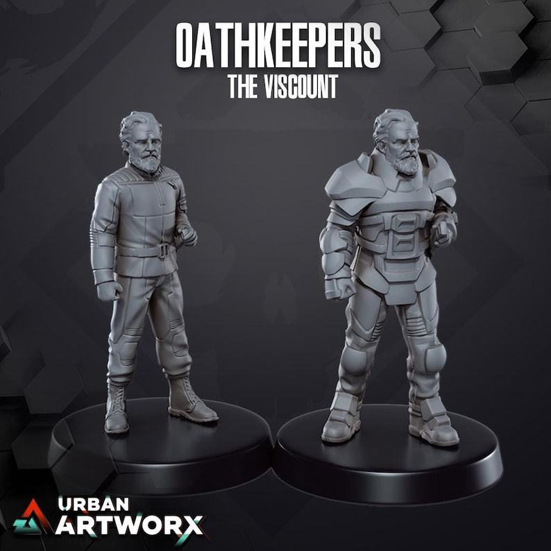 May include: Two gray Oathkeepers figurines, "The Viscount", stand on black bases. One figure wears a uniform, the other armored. The text "OATHKEEPERS THE VISCOUNT" is at the top, with "URBAN ARTWORX" at the bottom.