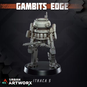 Op de afbeelding: Een grijze, mechanische robotfiguur met een geweer, staand op een zwarte basis. De tekst "GAMBITS EDGE" staat bovenaan, en "URBAN ARTWORX" en "ITHACA 5" onderaan. De robot heeft een ronde kop en meerdere mechanische onderdelen.