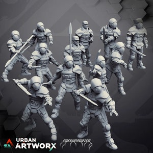 Könnte beinhalten: Ein Set mit 10 grauen 3D-gedruckten Miniaturen von futuristischen Soldaten in verschiedenen Posen, die Waffen wie Schwerter und Speere halten. Die Miniaturen sind vorab unterstützt und bereit zum Drucken.