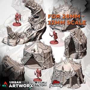 May include: A collection of 3D-printed miniature terrain pieces, including tents and a rock formation, designed for tabletop gaming. The pieces are gray and feature detailed textures, rope accents, and sharp spikes. The text "FOR 28MM - 32MM SCALE" is visible.