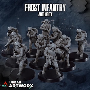 Könnte beinhalten: Eine Sammlung grauer Miniaturfiguren von Soldaten, die jeweils auf einer schwarzen kreisförmigen Basis stehen. Die Figuren tragen Helme, Rüstungen und Rucksäcke und halten Gewehre. Der Text "FROST INFANTRY AUTHORITY" steht oben. Das Urban Artworx-Logo befindet sich unten.