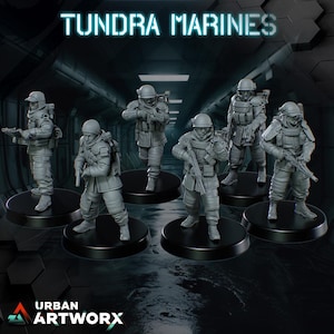 Könnte beinhalten: Eine Sammlung grauer Miniaturfiguren von Soldaten, jede in einer anderen Pose und mit Gewehren und Ausrüstung ausgestattet. Der Text "TUNDRA MARINES" wird über den Figuren angezeigt. Das Urban Artworx-Logo befindet sich unten.