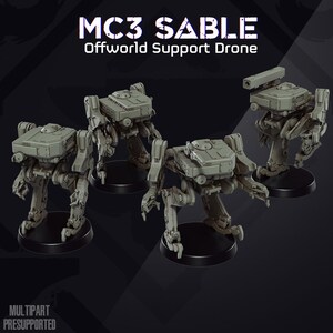 May include: Four gray Offworld Support Drones, labeled "MC3 SABLE", are displayed on black circular bases. The drones have a boxy design with articulated legs and a top-mounted weapon. The image also includes the text "MULTIPART PRESUPPORTED".