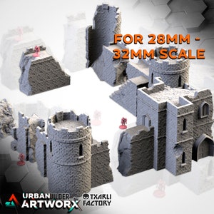 May include: Gray miniature castle structures with towers, walls, and archways. The text "FOR 28MM - 32MM SCALE" is displayed. The Urban Artworx and Txarli Factory logos are visible. Miniature figures are placed on the structures.