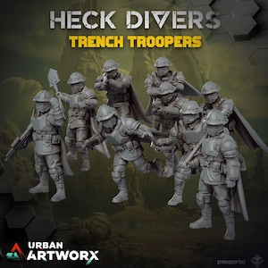 Op de afbeelding: Een set van acht grijze miniatuursoldaatjes met de titel HECK DIVERS TRENCH TROOPERS. Elk figuur draagt een helm, gezichtsmasker, tactisch pantser en een cape, in verschillende houdingen met geweren of een schep. De tekst is duidelijk zichtbaar.