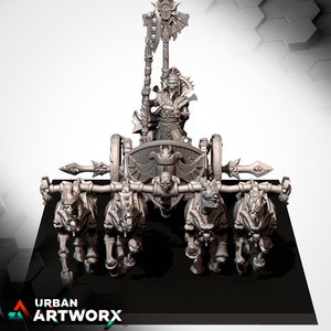 Pode incluir: Uma miniatura detalhada de uma carruagem esquelética puxada por quatro cavalos esqueléticos. A carruagem é conduzida por uma figura esquelética que segura um cajado coroado por uma caveira. A carruagem é decorada com caveiras e outras imagens esqueléticas.