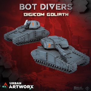 Può includere: Due carri armati giocattolo grigi con la scritta "BOT DIVERS" e "DIGICOM GOLIATH" in bianco. I carri armati hanno i numeri arancioni 1 e 2 sulle loro torrette. Il logo Urban Artworx è in basso a sinistra.