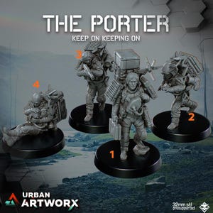 Könnte beinhalten: Eine Sammlung grauer Miniaturfiguren, die jeweils eine futuristische Figur mit detaillierter Ausrüstung darstellen. Die Figuren stehen auf schwarzen, kreisförmigen Sockeln. Der Text "THE PORTER" und "KEEP ON KEEPING ON" ist zu sehen.
