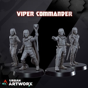 May include: Four grey Viper Commander figurines on black bases. The figures are in various poses, one holding a staff with a cobra head. The text "VIPER COMMANDER" is displayed in red at the top. The Urban Artworx logo is at the bottom.