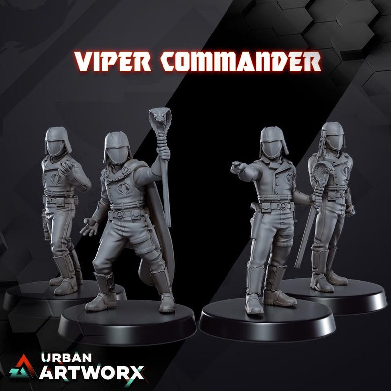 May include: Four grey Viper Commander figurines on black bases. The figures are in various poses, one holding a staff with a cobra head. The text "VIPER COMMANDER" is displayed in red at the top. The Urban Artworx logo is at the bottom.