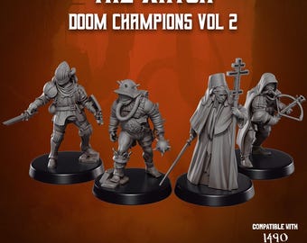 Op de afbeelding: Vier grijze miniatuurfiguren op zwarte bases. De figuren zijn van gepantserde personages, waaronder een ridder met een zwaard, een figuur met een gasmasker, een figuur in een gewaad met een kruis en een boogschutter met een kruisboog. Tekst bovenaan luidt "THE WATCH DOOM CHAMPIONS VOL 2".