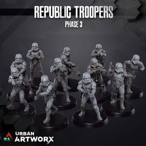 May include: A collection of gray Republic Troopers figurines, each in a dynamic pose and holding a weapon. The figures are on black circular bases. The text "REPUBLIC TROOPERS PHASE 3" is displayed at the top, with the "URBAN ARTWORX" logo at the bottom.