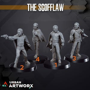 May include: Four grey unpainted miniature figures labelled THE SCOFFLAW, each standing on a black circular base. The figures wear capes, collared shirts, and trousers, with some holding small blasters. Numbered labels 1, 2, 3, and 4 identify each pose.