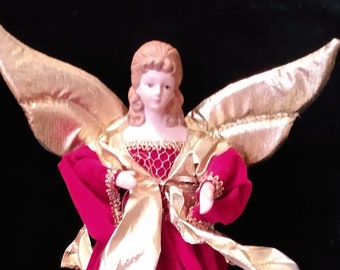 12 inch Angel Tree topper Red velvet, Gold wings