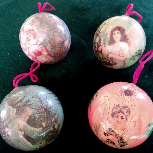 Lot of Four Vintage Decoupage Angel Christmas Ornament Balls