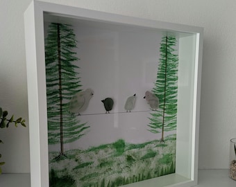 Arte con vidrio marino: Pájaros en un árbol - Decoración de pared con efecto de caja de sombra costera