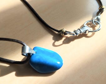 Handcrafted Turquoise Stone Necklace, Boho Waxed Cotton Cord Jewelry