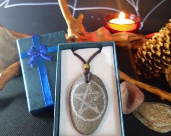 Handmade Sea Pebble Pentagram Necklace: Witch Theme Rock Pendant