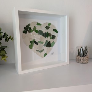 Handmade Sea Glass Heart Art in White Shadow Box Frame – Coastal Wall Decor | Unique Beach Glass Gift | Green & White Nautical Heart