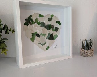 Sea Glass Heart Wall Art: Coastal Shadow Box Frame, Handmade Beach Decor