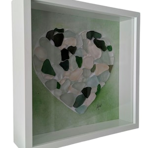 Sea Glass Art Picture in A White Shadow Box Frame – Coastal Wall Decor | Unique Beach Glass Gift | Green & White Nautical Heart