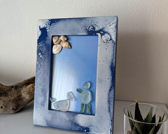 Sea Glass Art,  Framed Dog Walker Scene  Beach Blue Vibe Gift