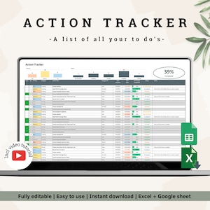 Task Tracker | Action Tracker | Task List | Team planner | To do list | Get in control | Excel Template + Google Sheets | Printable