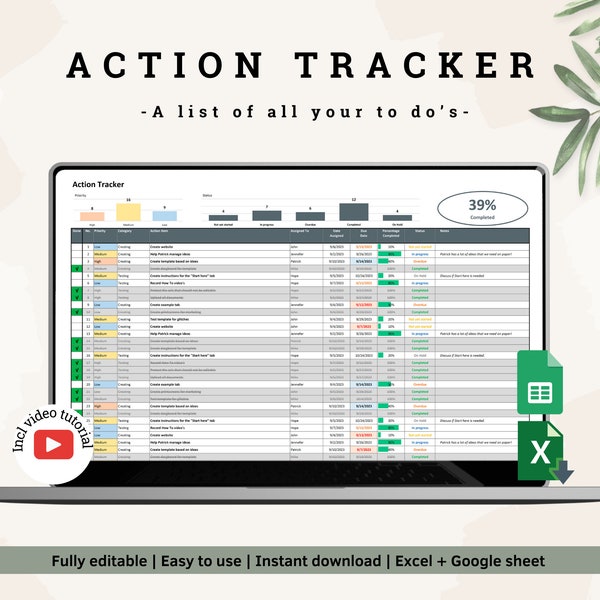 Task Tracker | Action Tracker | Task List | Team planner | To do list | Get in control | Excel Template + Google Sheets | Printable